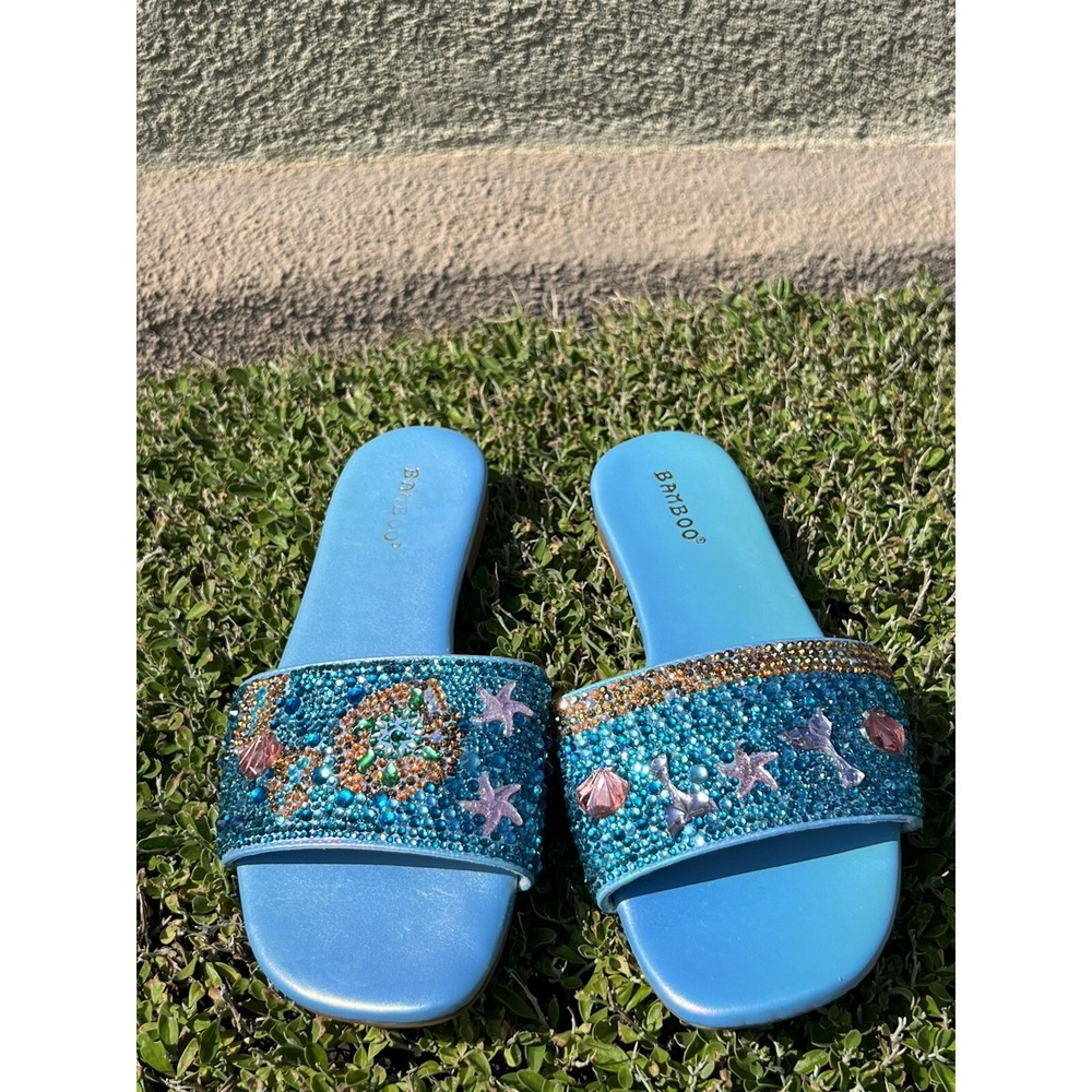 Bamboo Womens Blue Rhinestone Sea Turtle Starfish Shell Embellished Slides